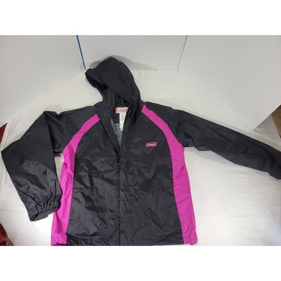 Coleman Size 8‎ Girls Medium Rain Jacket Lightweight Magenta Black Full Zip Hood - Picture 1 of 9